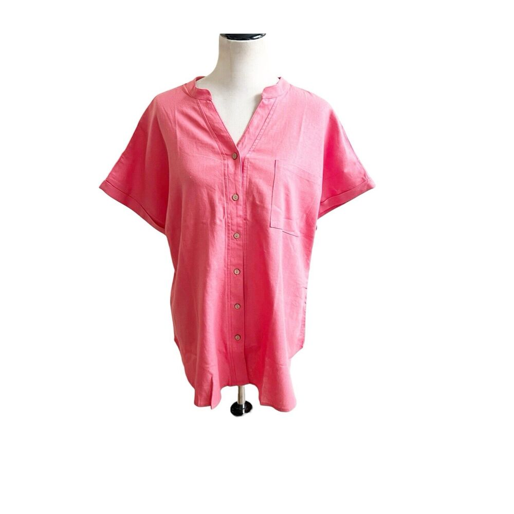 Feelgoodstore.com Women’s Linen Blend Short Sleeve Button Down Pink Size Medium
